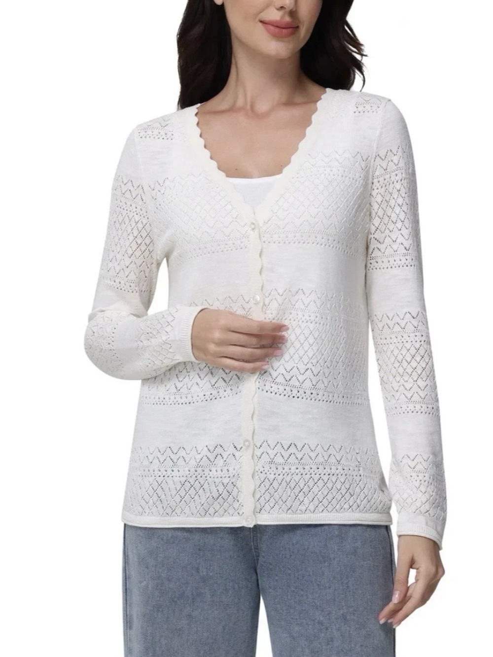 NWT 100% Cotton Frye Women's Large Ivory Pointelle Cardigan